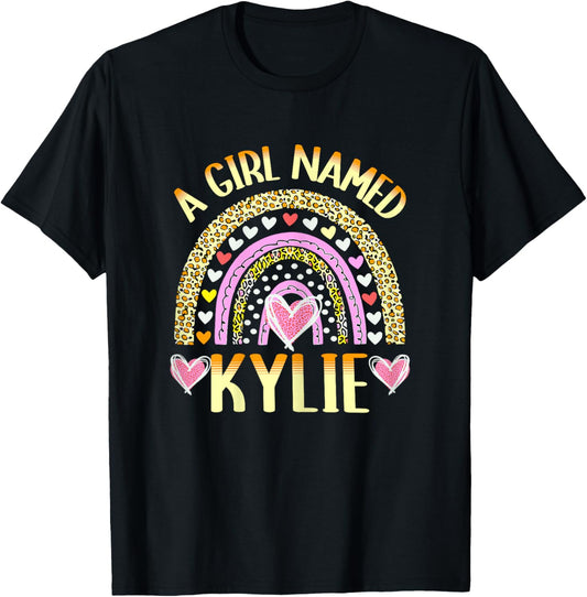 A Girl Named Kylie Cute Name Leopard Hearts Design T-Shirt - T-Shirt | Black