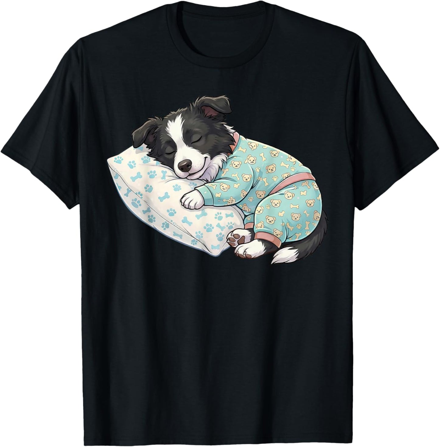 Cute Dog Border Collie Sleeping in Pajamas Bed Art T-Shirt - T-Shirt | Black