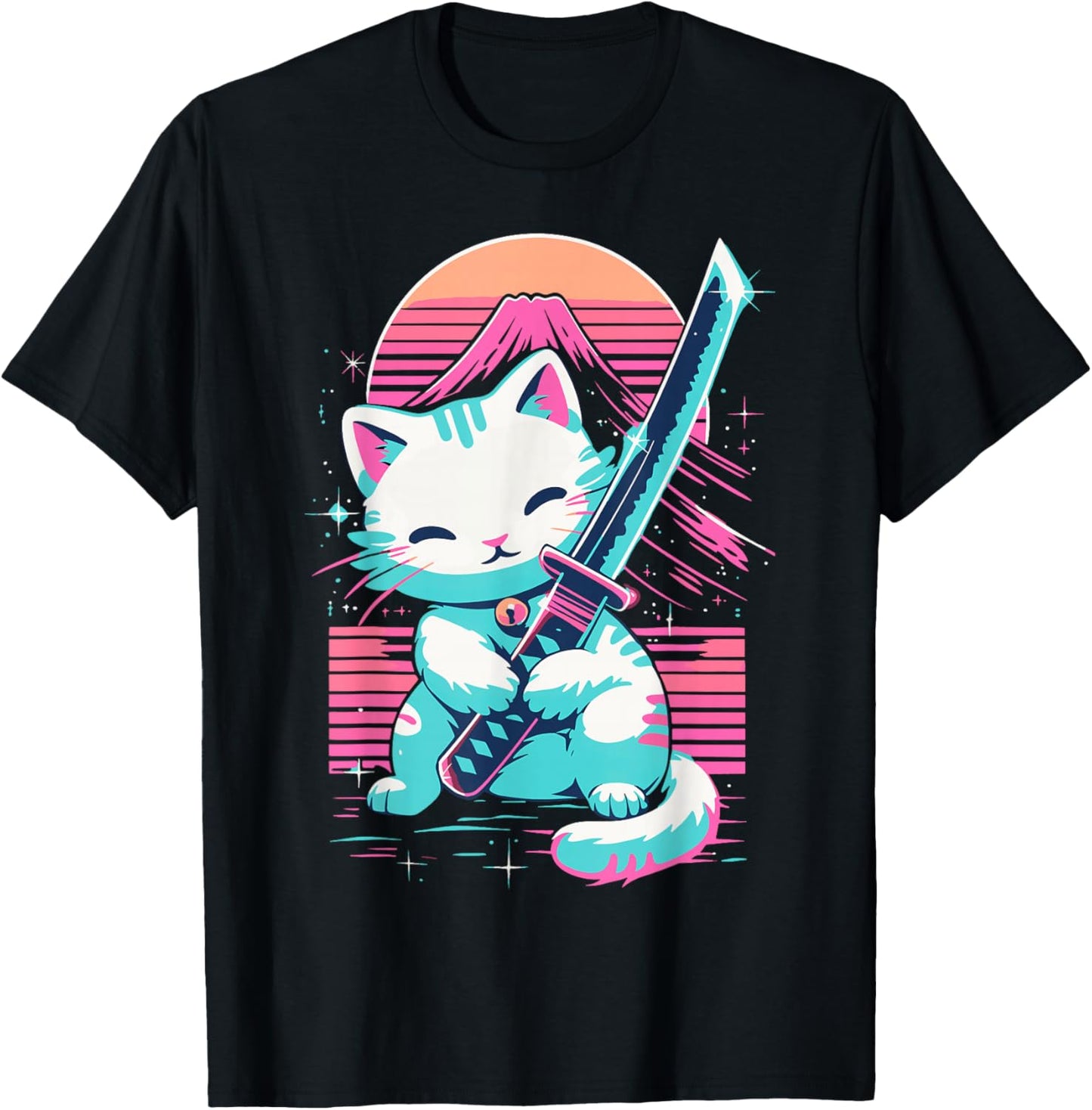Cat With Katana Sword Japan Cat Samurai Japanese T-Shirt - T-Shirt | Black
