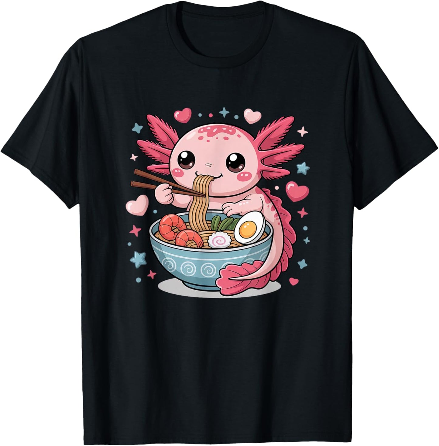 Axolotl Eats Ramen Noodles Super Cute Motif Axolotl T-Shirt - T-Shirt | Black