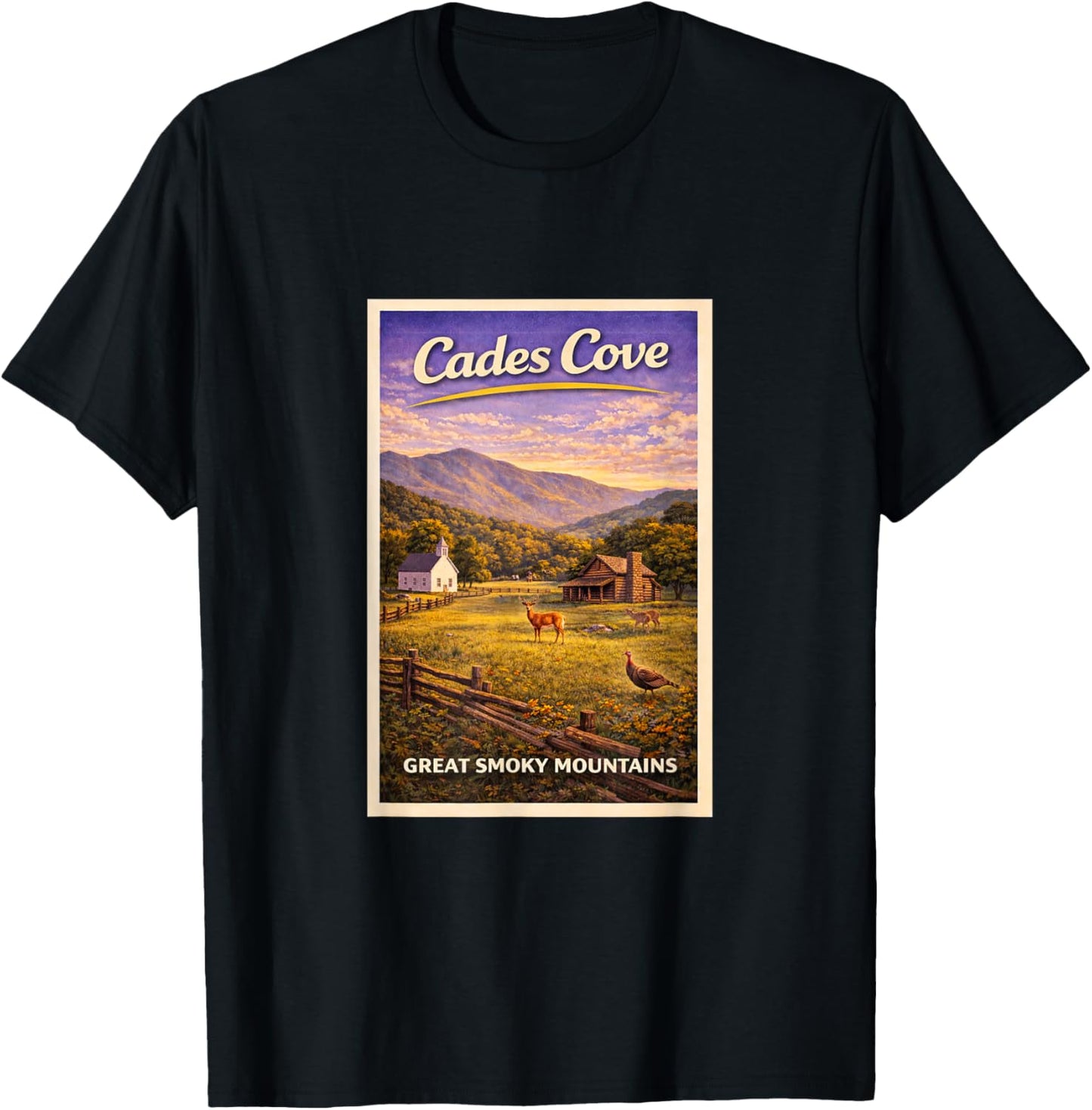 Vintage Great Smokey Mountains Cades Cove GSMNP Travel Art T-Shirt - T-Shirt | Black