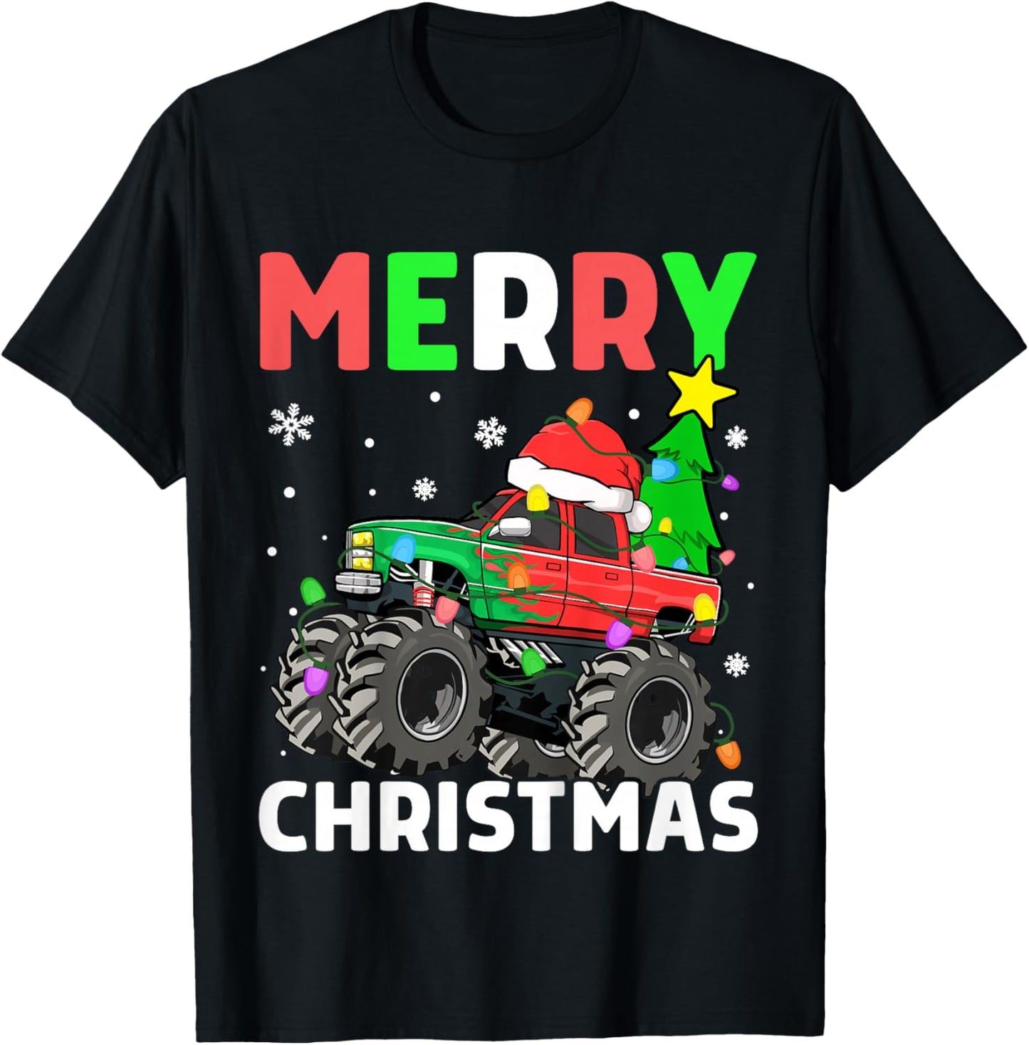 Kids Boys Merry Christmas Monster Truck Santa Hat Toddler Kids T-Shirt - T-Shirt | Black