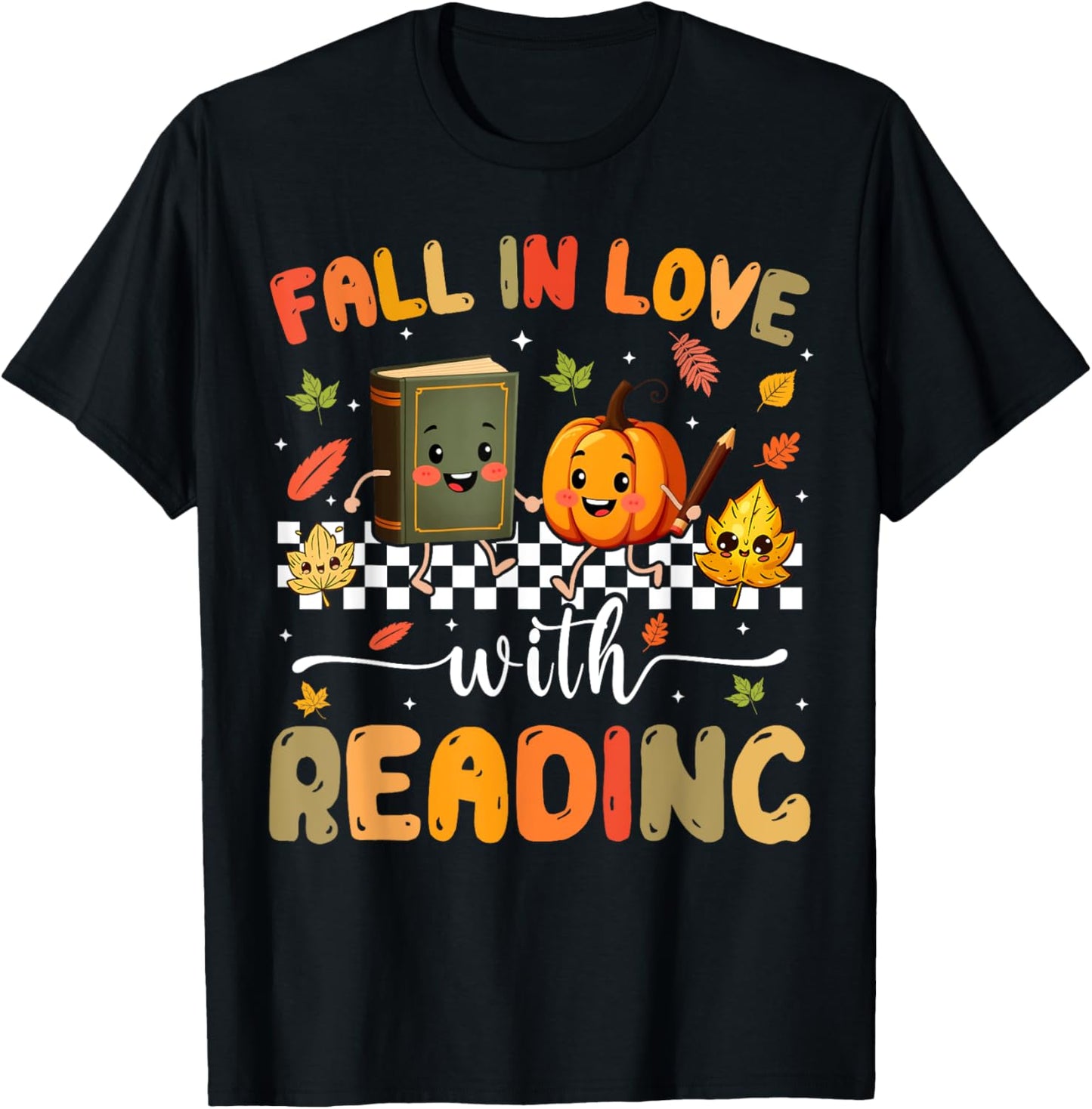 Fall In Love With Reading Pumpkin Autumn Fall Teacher T-Shirt - T-Shirt | Black