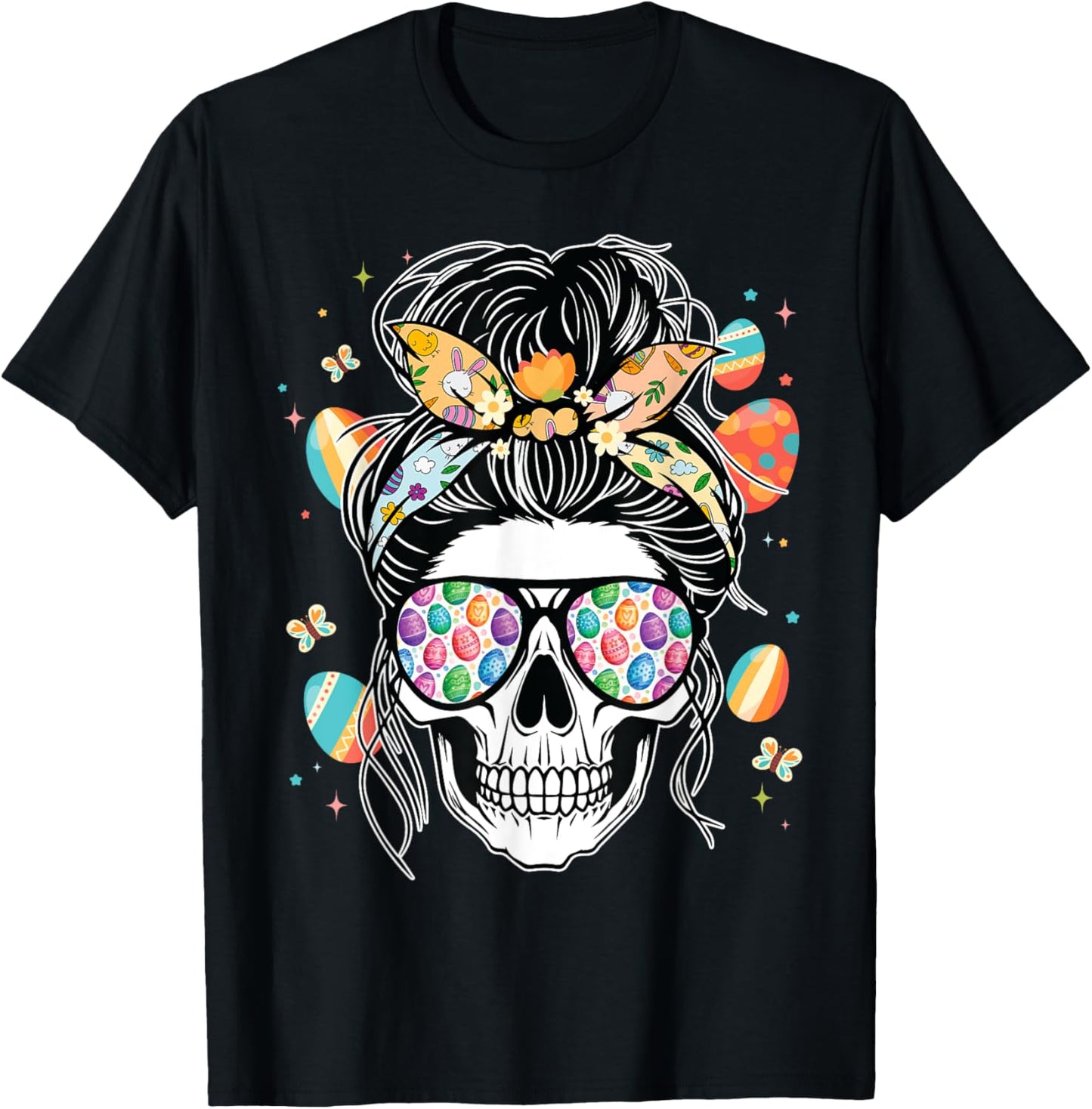 Skull Woman Messy Bun Hair Sunglasses Easter Eggs Easter Day T-Shirt - T-Shirt | Black