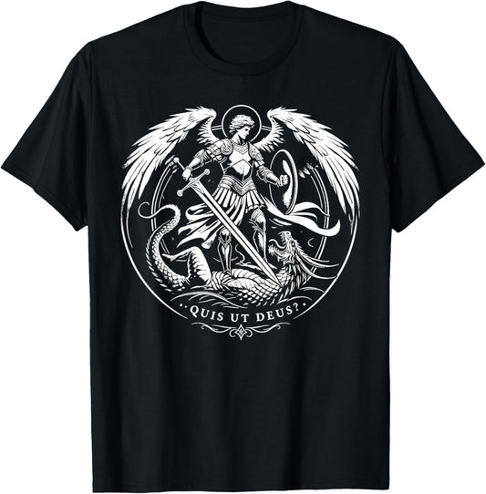 Quis Ut Deus St. Michael Defeating the Dragon Catholic Art T-Shirt - T-Shirt | Black