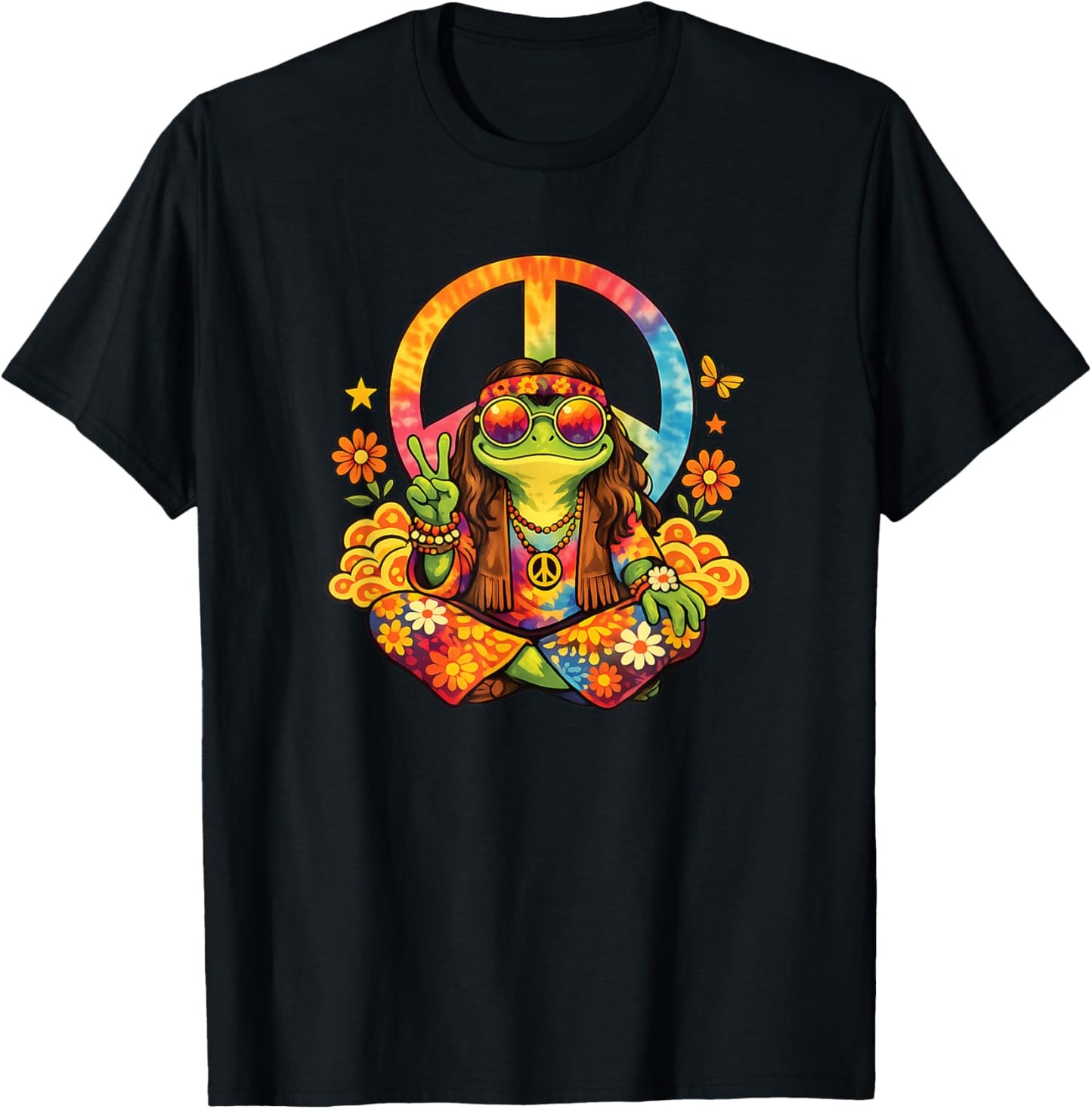 Colourful Hippie Frog with Peace Sign Flower Power T-Shirt - T-Shirt | Black