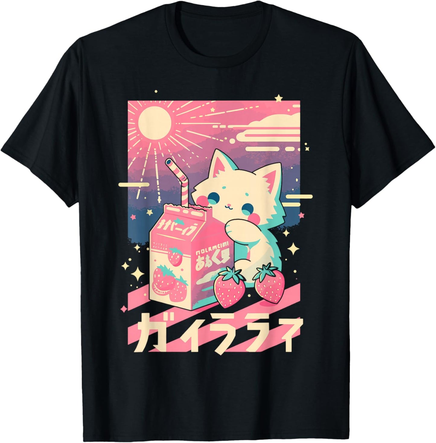 Cat Strawberry Milk Anime 90s Japanese Cat Japan T-Shirt - T-Shirt | Black