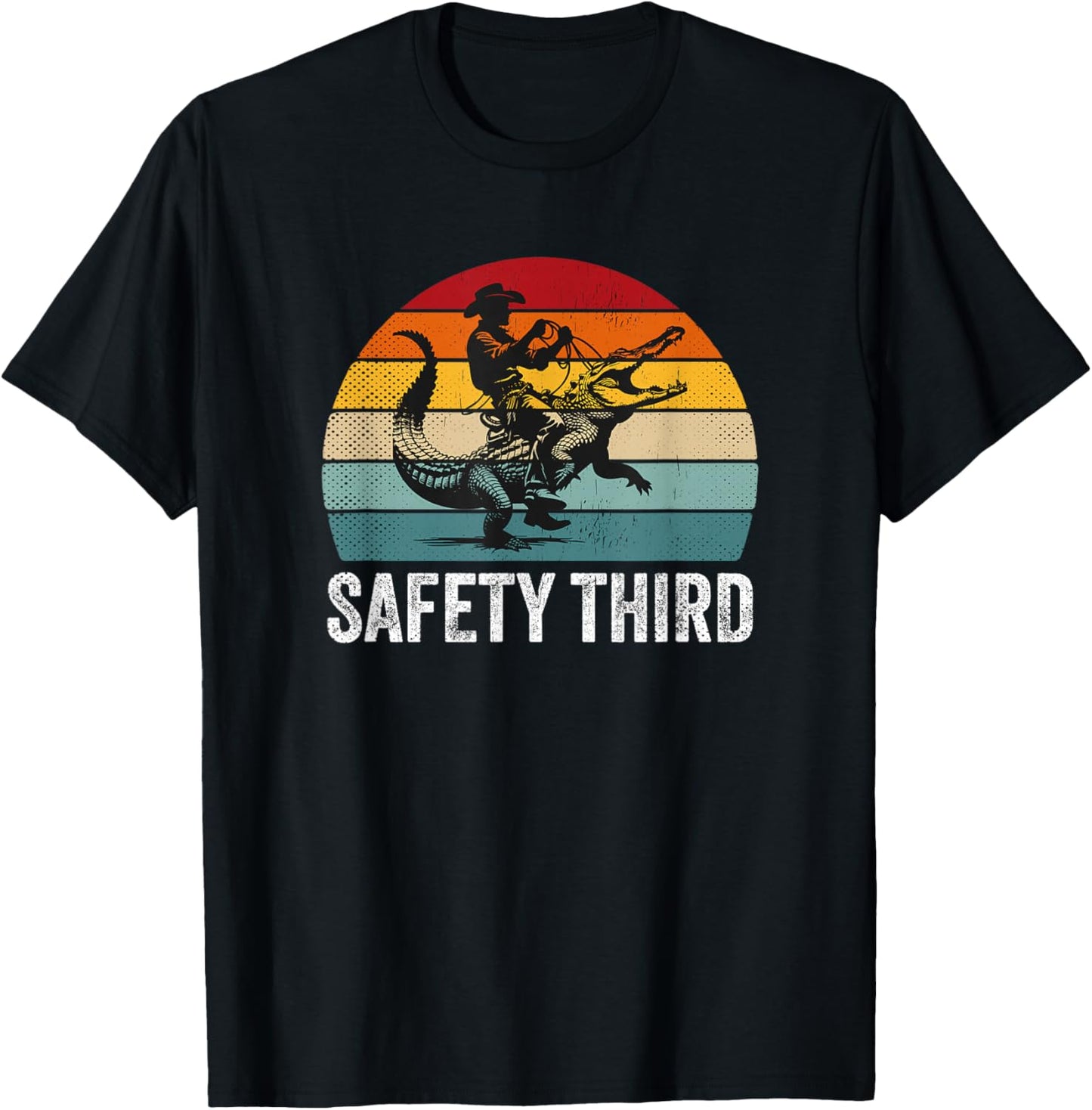 Safety Third Retro Cowboy Riding Alligator Sarcastic Safety T-Shirt - T-Shirt | Black
