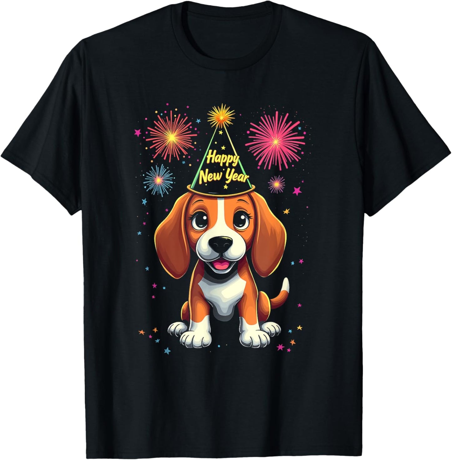 Happy New Year 2025 Eve Firework Dog Funny Beagle T-Shirt - T-Shirt | Black