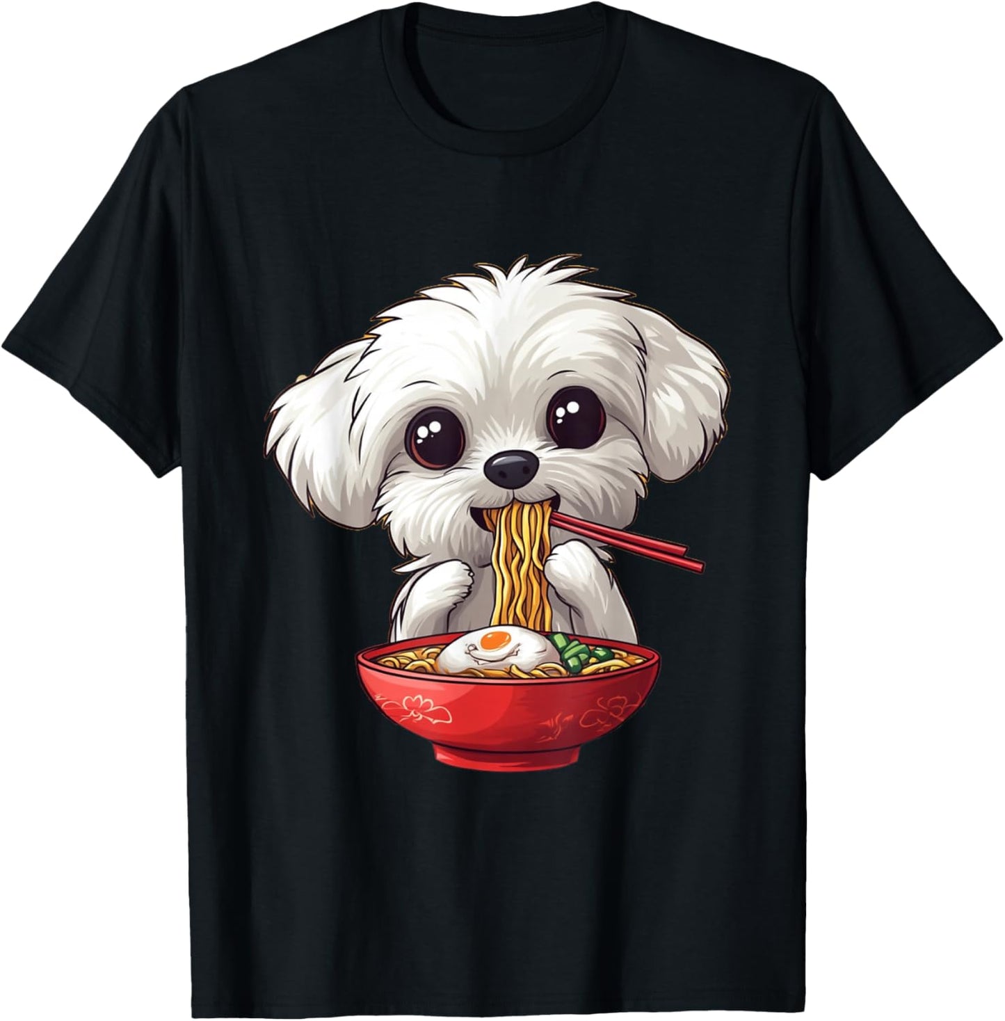Cute Maltese Dog Eating Ramen Men Women Boys Girls T-Shirt - T-Shirt | Black
