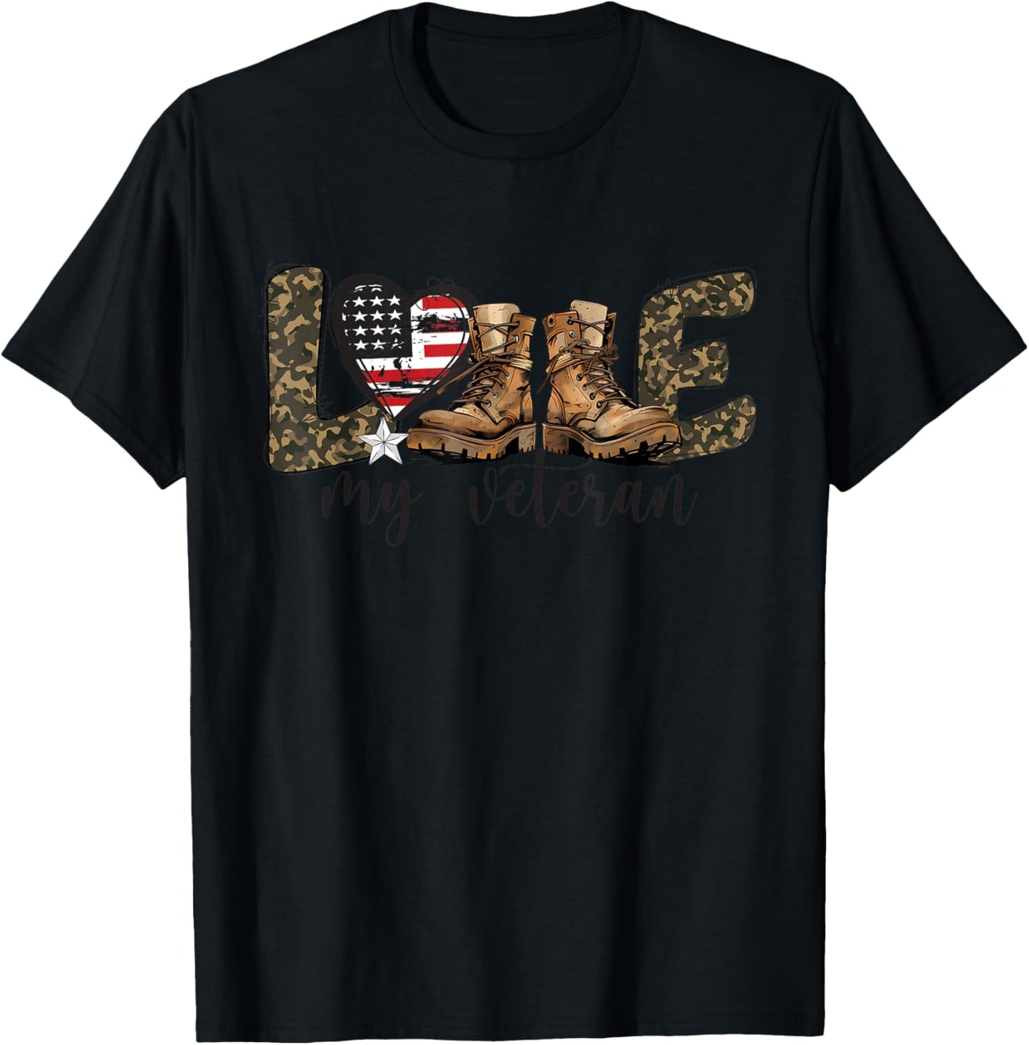 I Love My Veteran USA Flag Heart Military Veteran Family T-Shirt - T-Shirt | Black