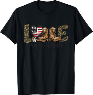 I Love My Veteran USA Flag Heart Military Veteran Family T-Shirt - T-Shirt | Black