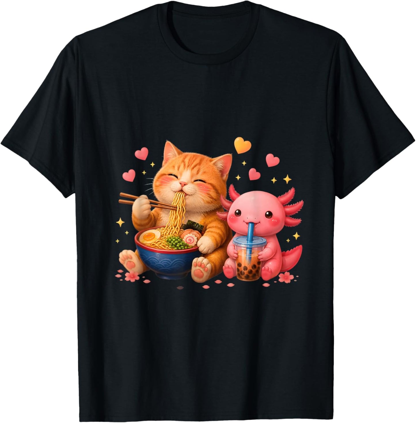 Cute Cat and Axolotl Ramen Bubble Tea Kawaii Anime Teens T-Shirt - T-Shirt | Black