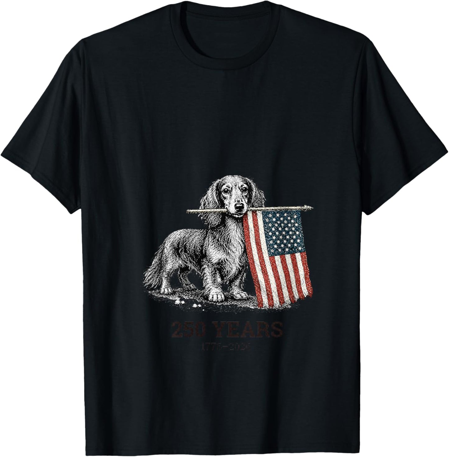 Women's Cute Long Haired Dachshund American Flag 250 Years 1776-2026 V-Neck T-Shirt - T-Shirt | Black