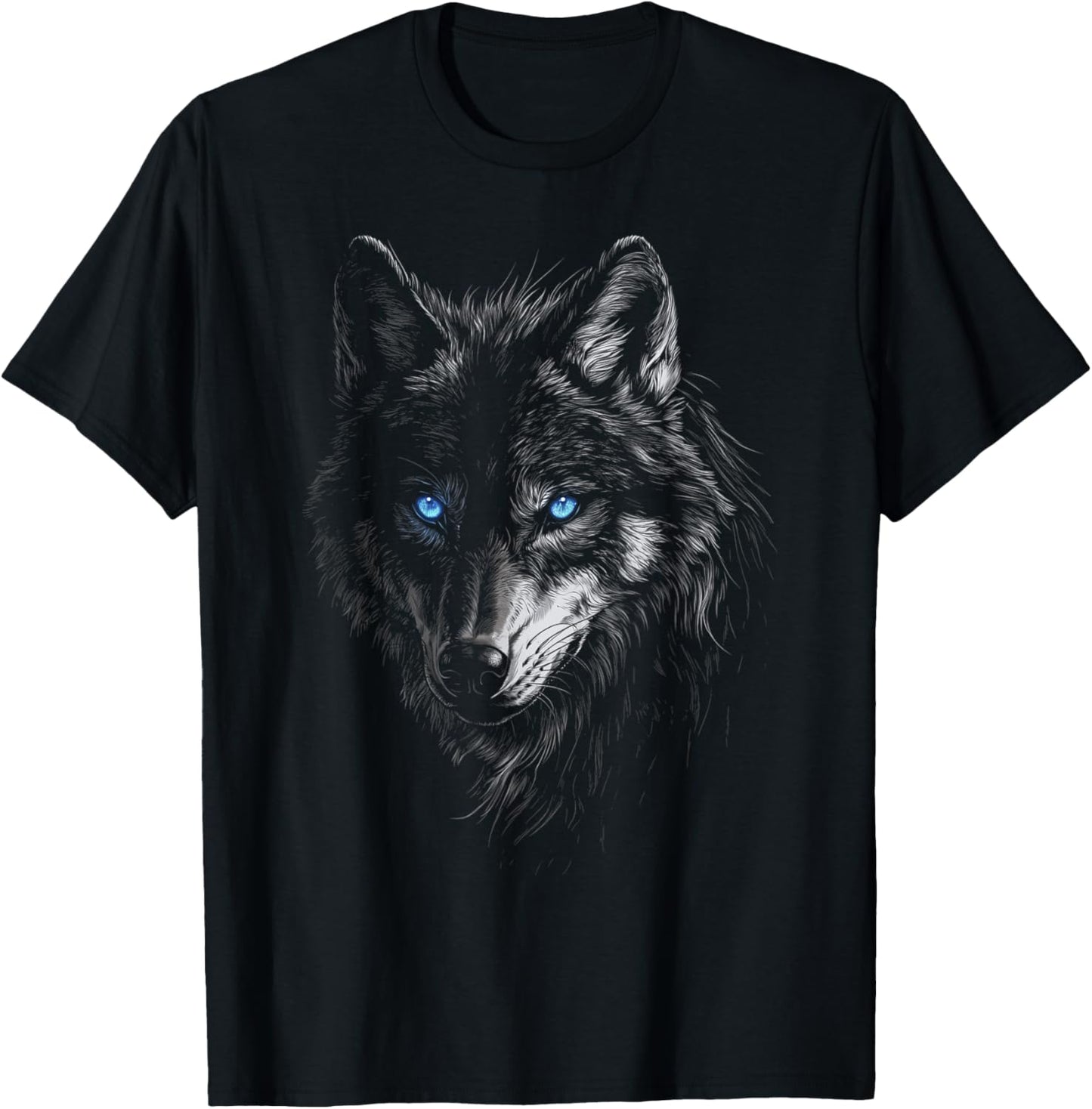 Mystic Wolf with Blue Eyes Animal Art Graphic Wolves T-Shirt - T-Shirt | Black