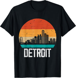 Detroit Michigan USA Retro Vintage Sunset Skyline Detroit T-Shirt - T-Shirt | Black