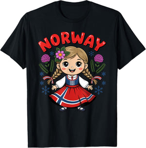 Jolie Fille Norvégienne Robe Drapeau et Fleurs pour Enfants T-Shirt - T-Shirt | Black