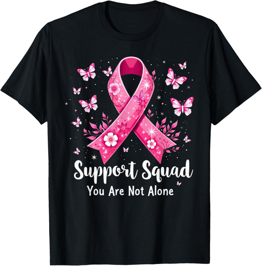 Support Squad Breast Cancer Awareness Butterfly Pink Ribbon T-Shirt - T-Shirt | Black