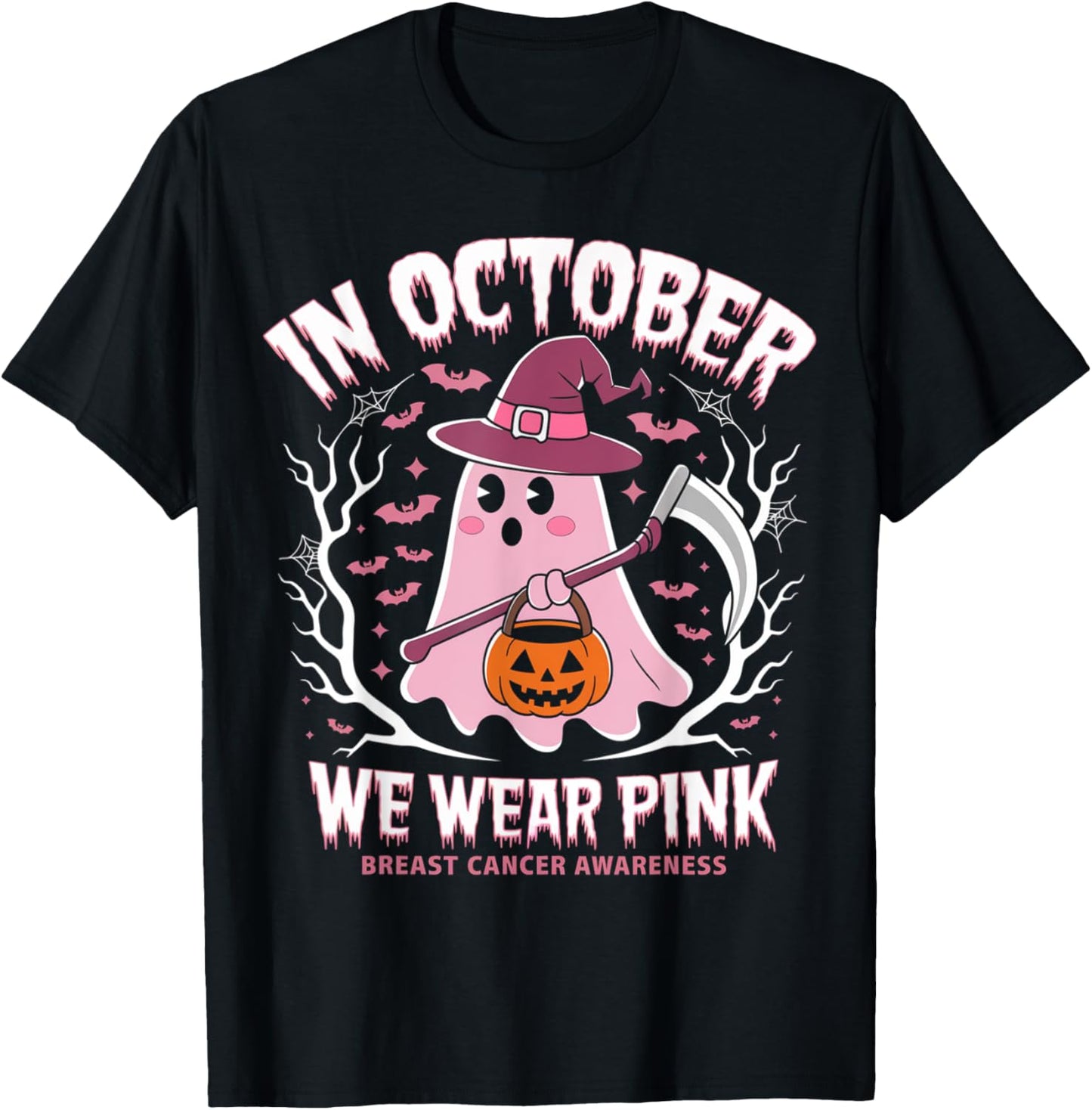 Breast Cancer Women Halloween Ghost In October We Wear Pink T-Shirt - T-Shirt | Black