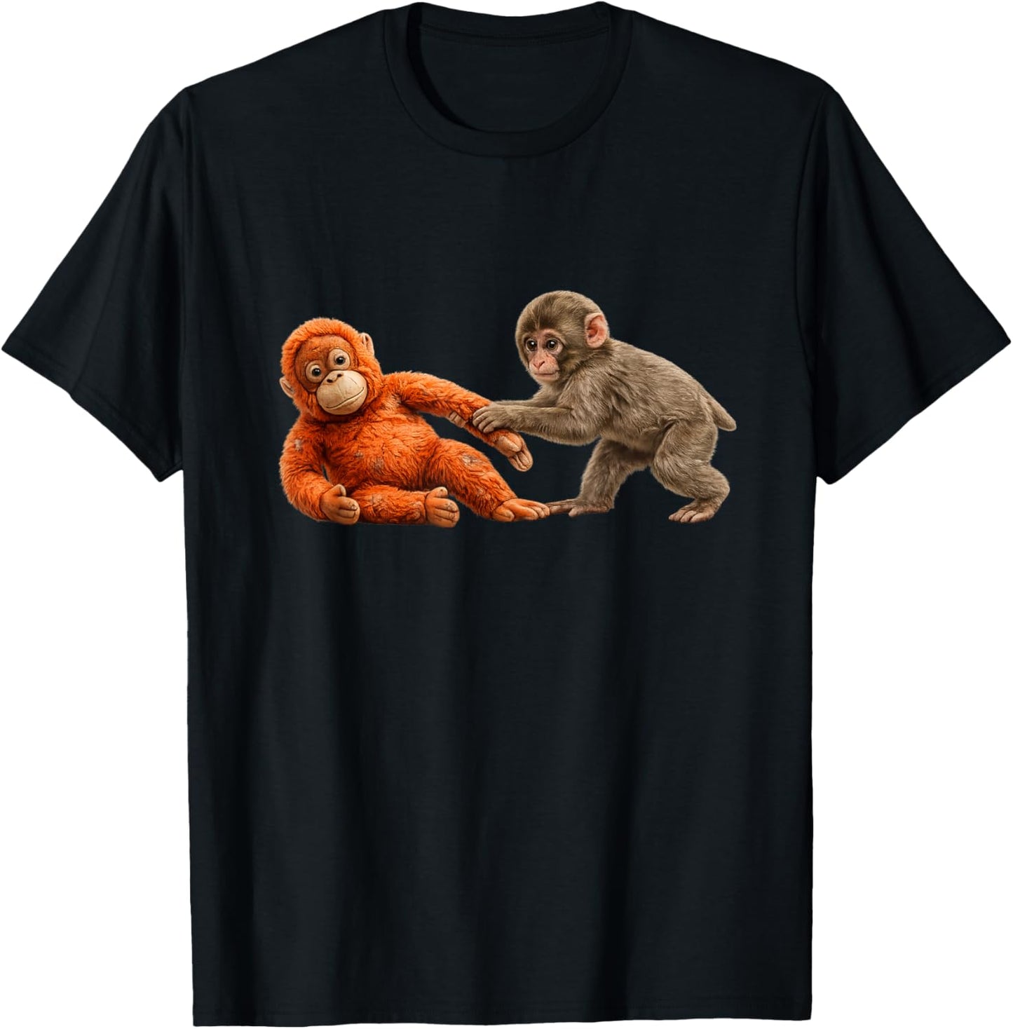 Baby Monkey Abandoned by Mother Hugging Plush Monkey T-Shirt - T-Shirt | Black