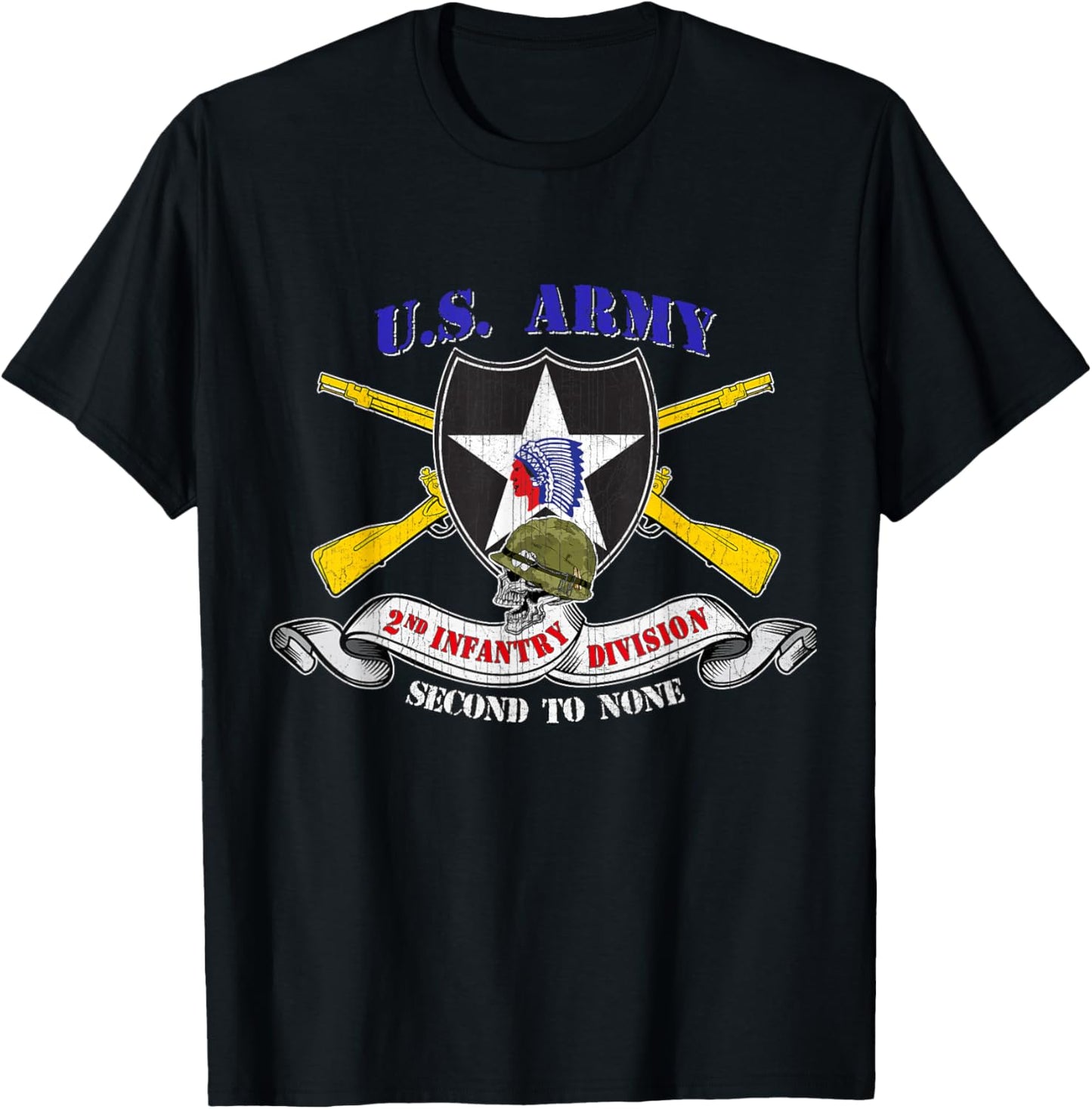 2nd Infantry Division Veteran 2ID - Adults - Black - Small - Short Sleeve - Modern Classic Fit U-Neck - Military Veteran T-Shirt - T-Shirt | Black