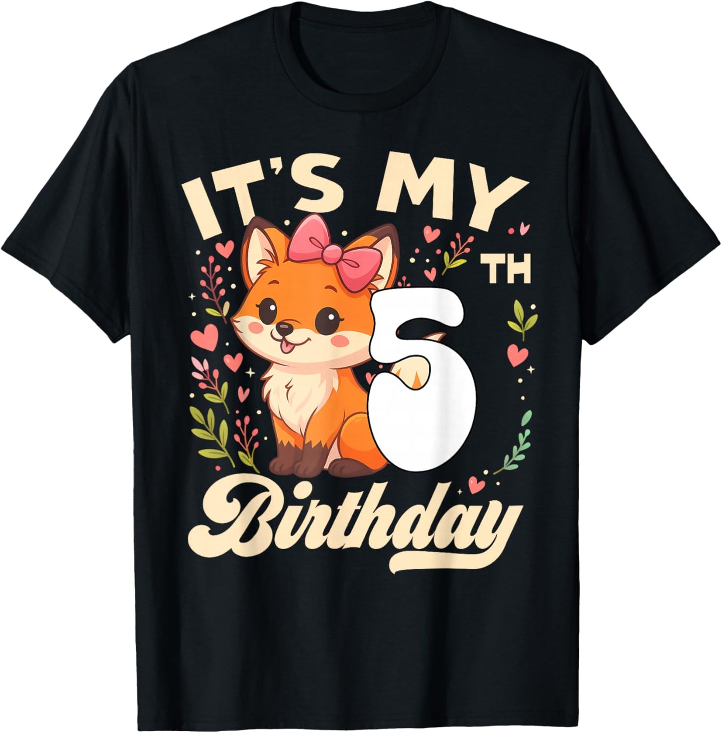 Fox Animal Lovers 5th Birthday Girl Fox B-Day 5 Years Old T-Shirt - T-Shirt | Black
