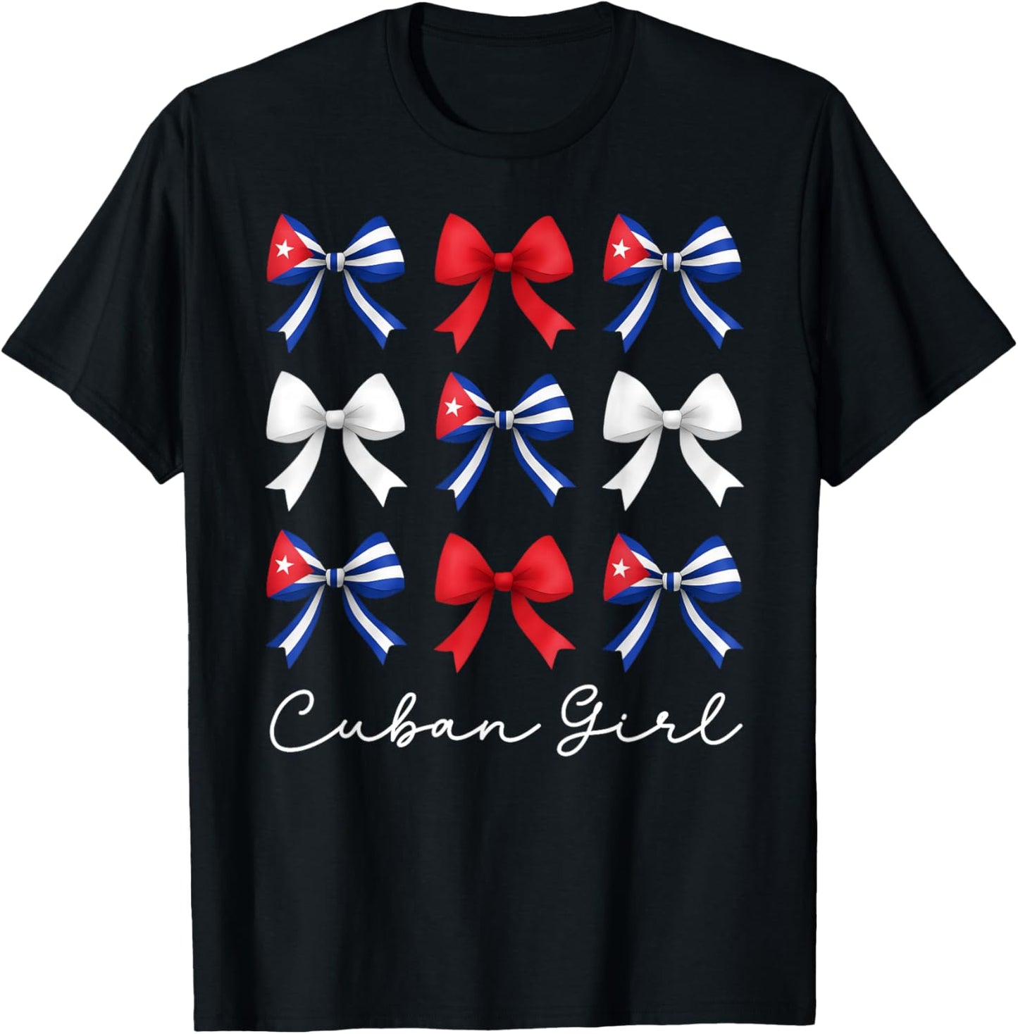 Cuban Girl Coquette Bows Hispanic Heritage Month Cuba Flag T-Shirt - T-Shirt | Black