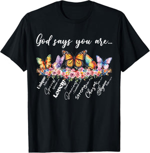 God Says You Are Bible Verse Religious Christian Butterfly T-Shirt - T-Shirt | Black