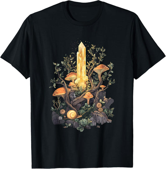 Crystal with Forest Mushrooms and Snails - Goblincore T-Shirt - T-Shirt | Black