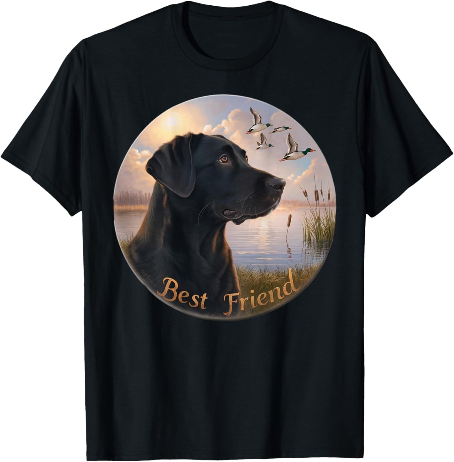 BACK PRINT. Hunting black labrador dog and geese with ducks T-Shirt - T-Shirt | Black
