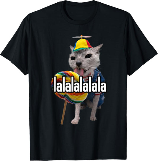 Lalalala Funny Silly Cat with Lollipop Meme Men Women T-Shirt - T-Shirt | Black