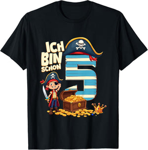 Children's 5th Birthday Pirate Decoration 5 Years Boy Outfit Pirate , black T-Shirt - T-Shirt | Black