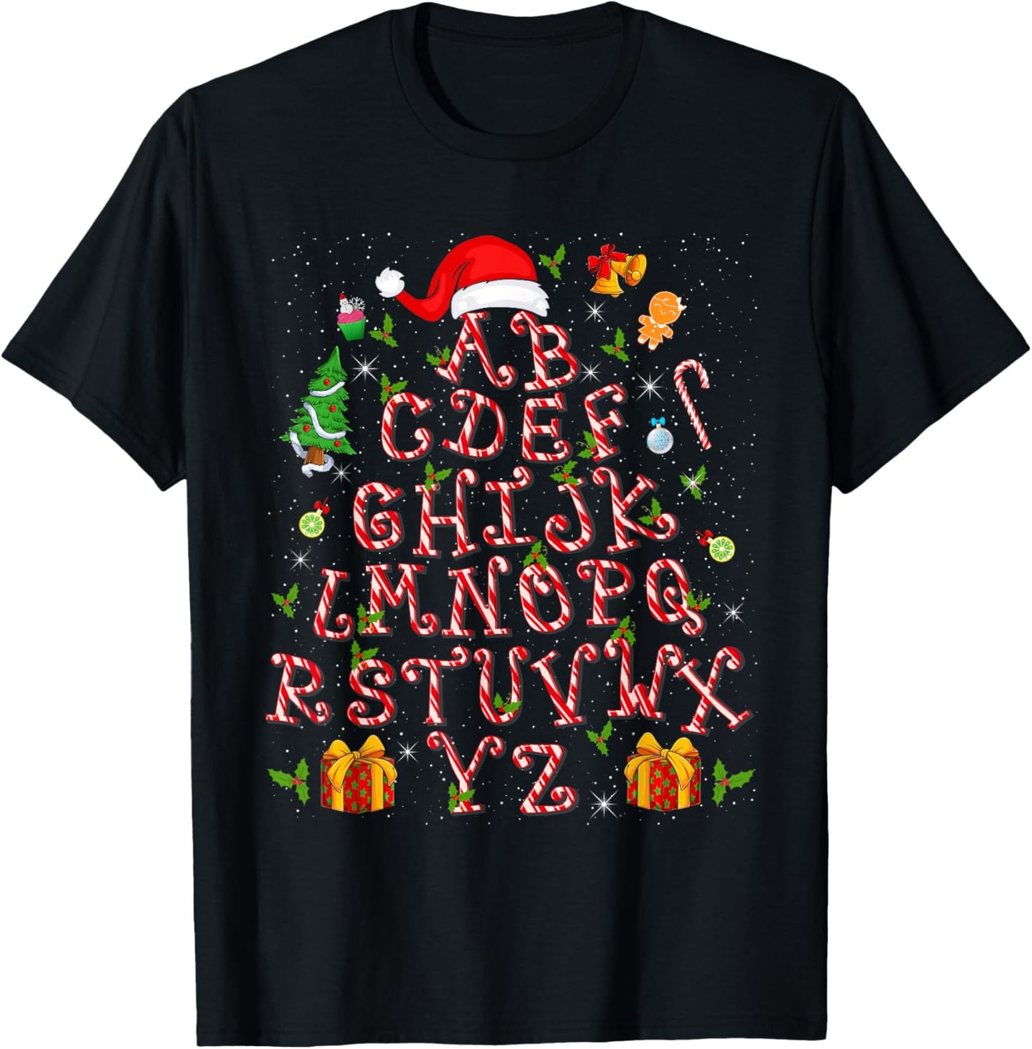 Christmas Tree Alphabet Candy Cane Xmas Holiday Teacher T-Shirt - T-Shirt | Black