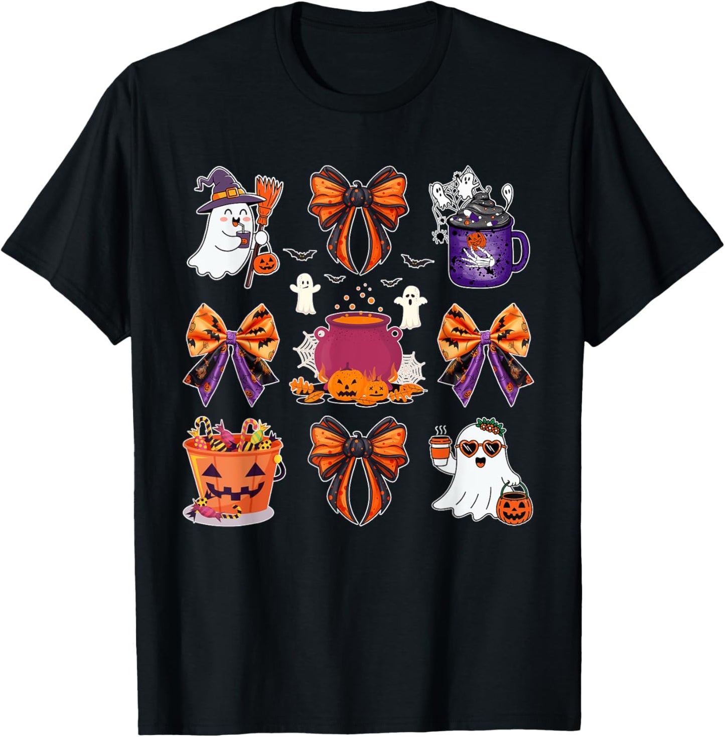 Ghost Boo Candy Buckets Pumpkin Spice Halloween Coquette Bow T-Shirt - T-Shirt | Black