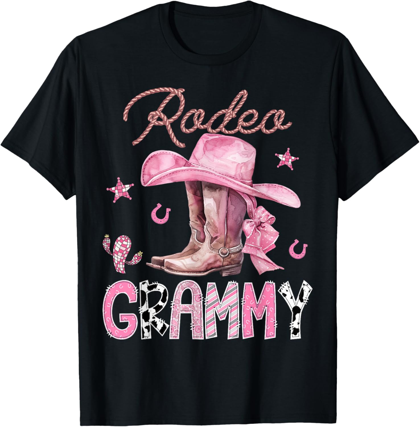 Rodeo Grammy Pink Boots Coquette CowGirl Birthday Party T-Shirt - T-Shirt | Black