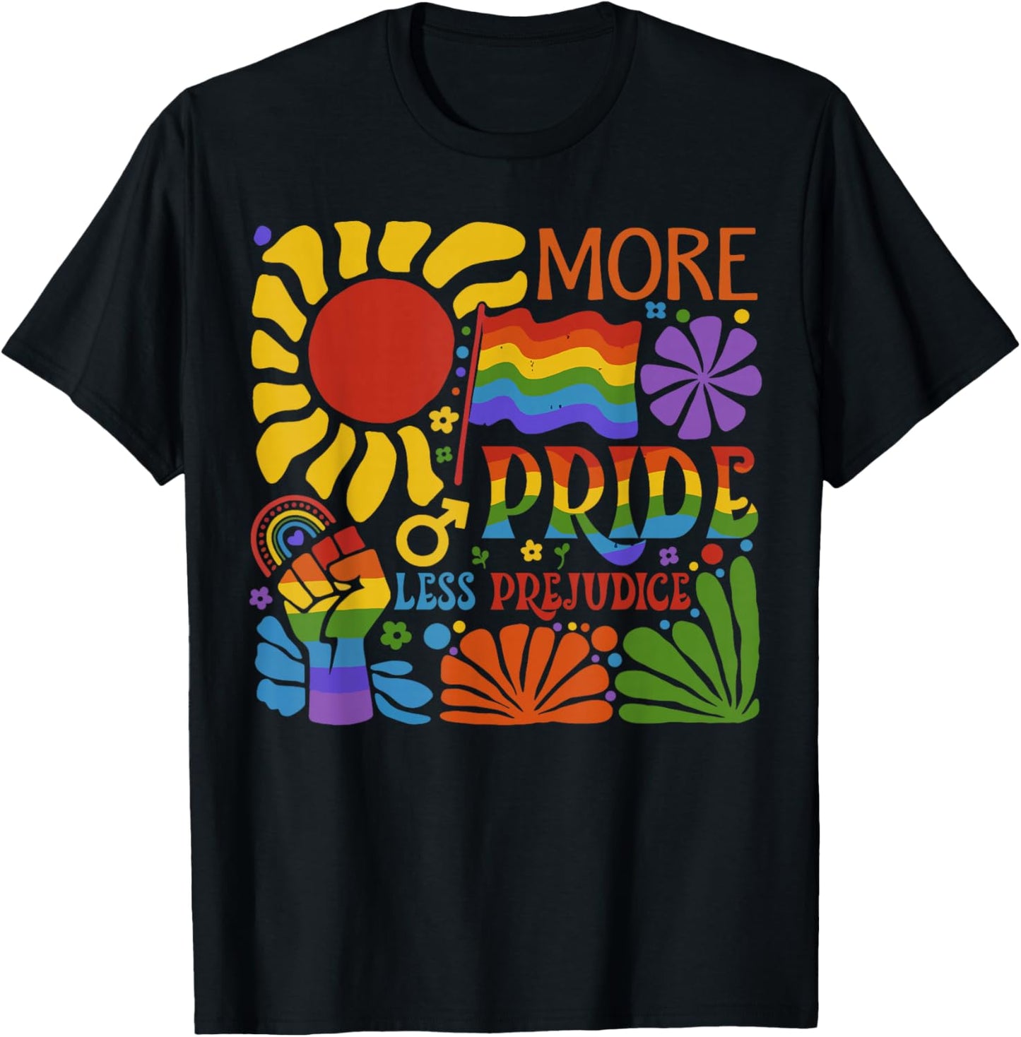 Groovy More Pride Flower Less Prejudice Pride Month LGBT T-Shirt - T-Shirt | Black