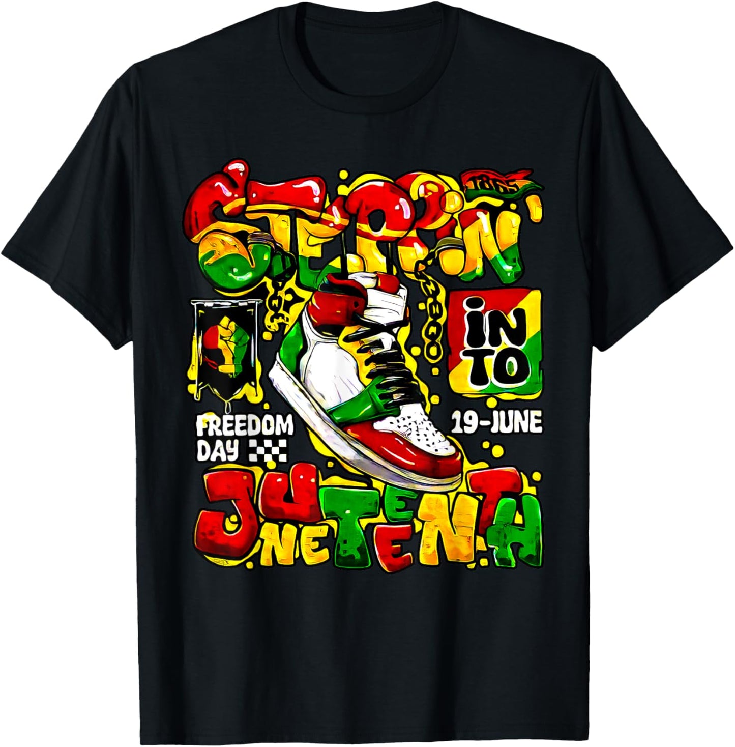 Stepping Into Juneteenth Afro Woman Black Girls Sneakers T-Shirt - T-Shirt | Black