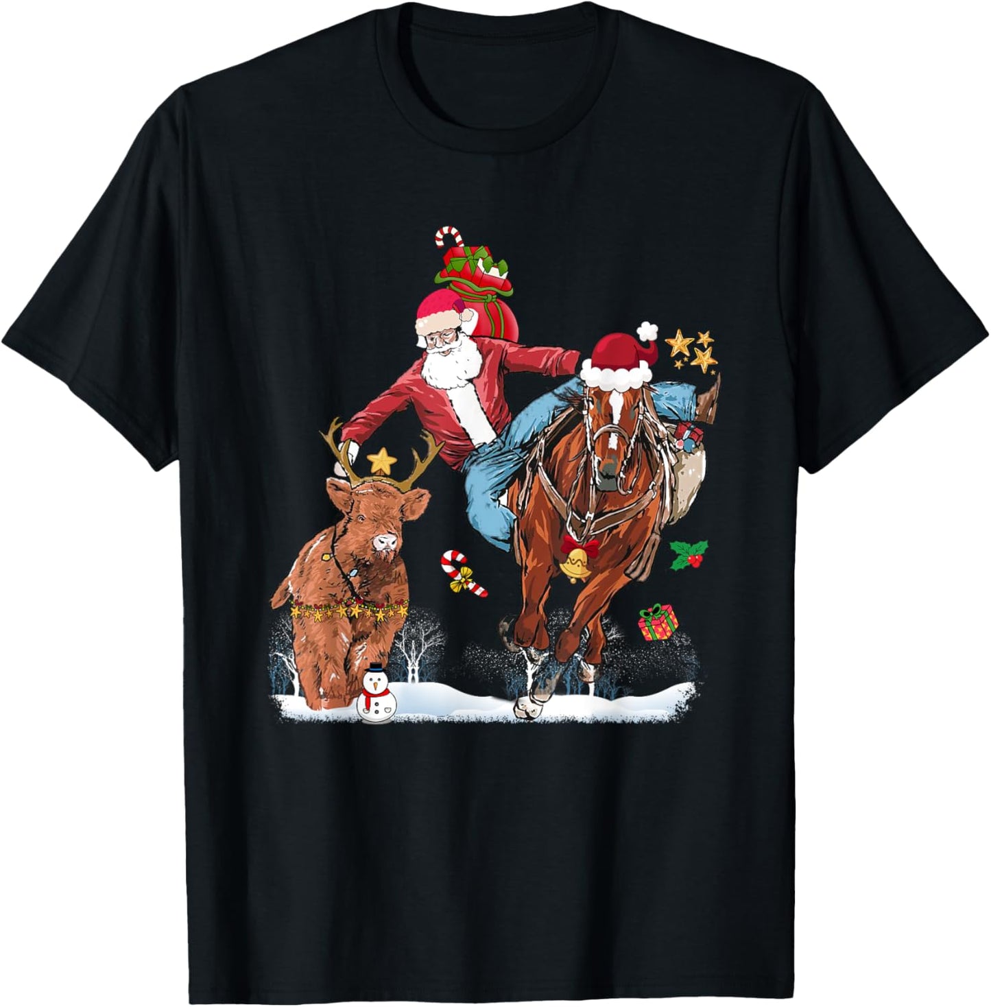 Cowboy Santa Bulldogging Western Cowboy Xmas Funny Christmas T-Shirt - T-Shirt | Black
