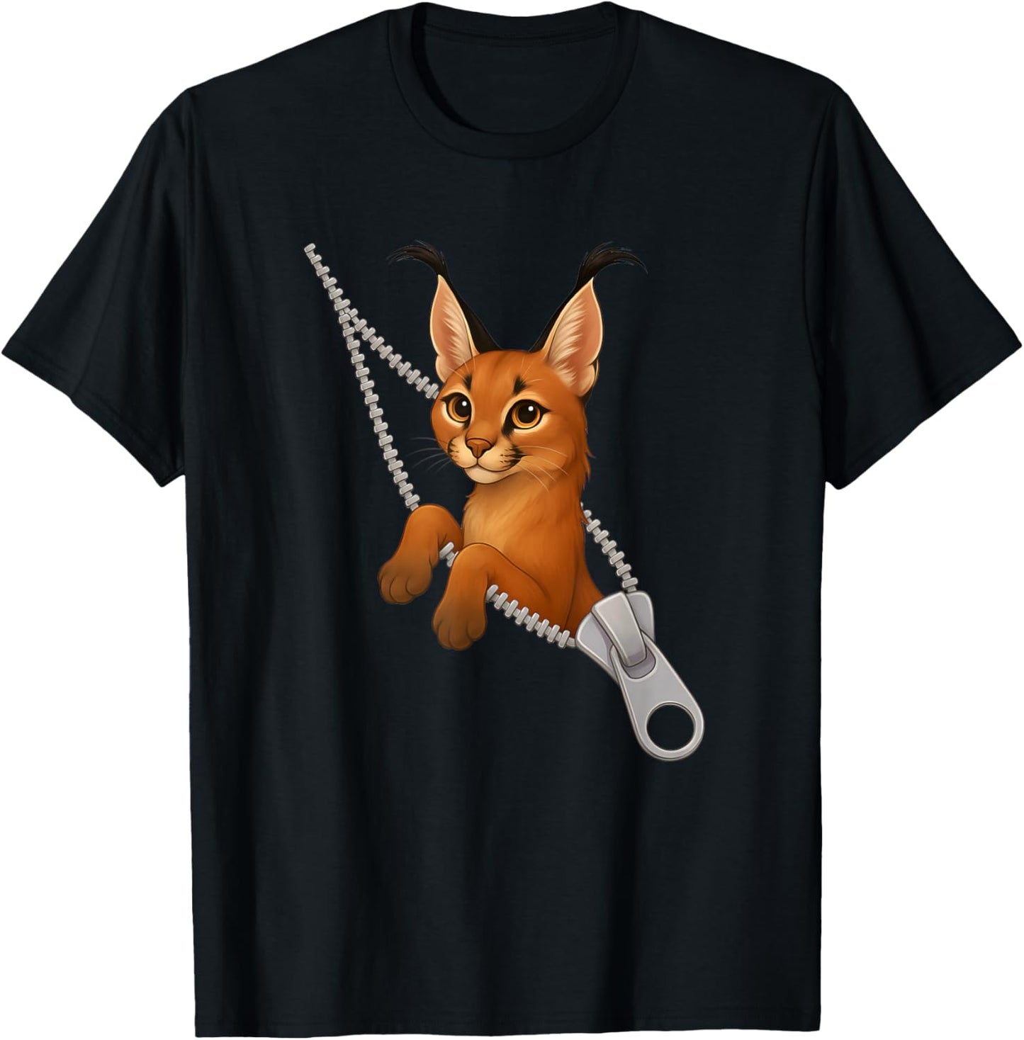 Funny Caracal Cat Cute Zipper T-Shirt - T-Shirt | Black