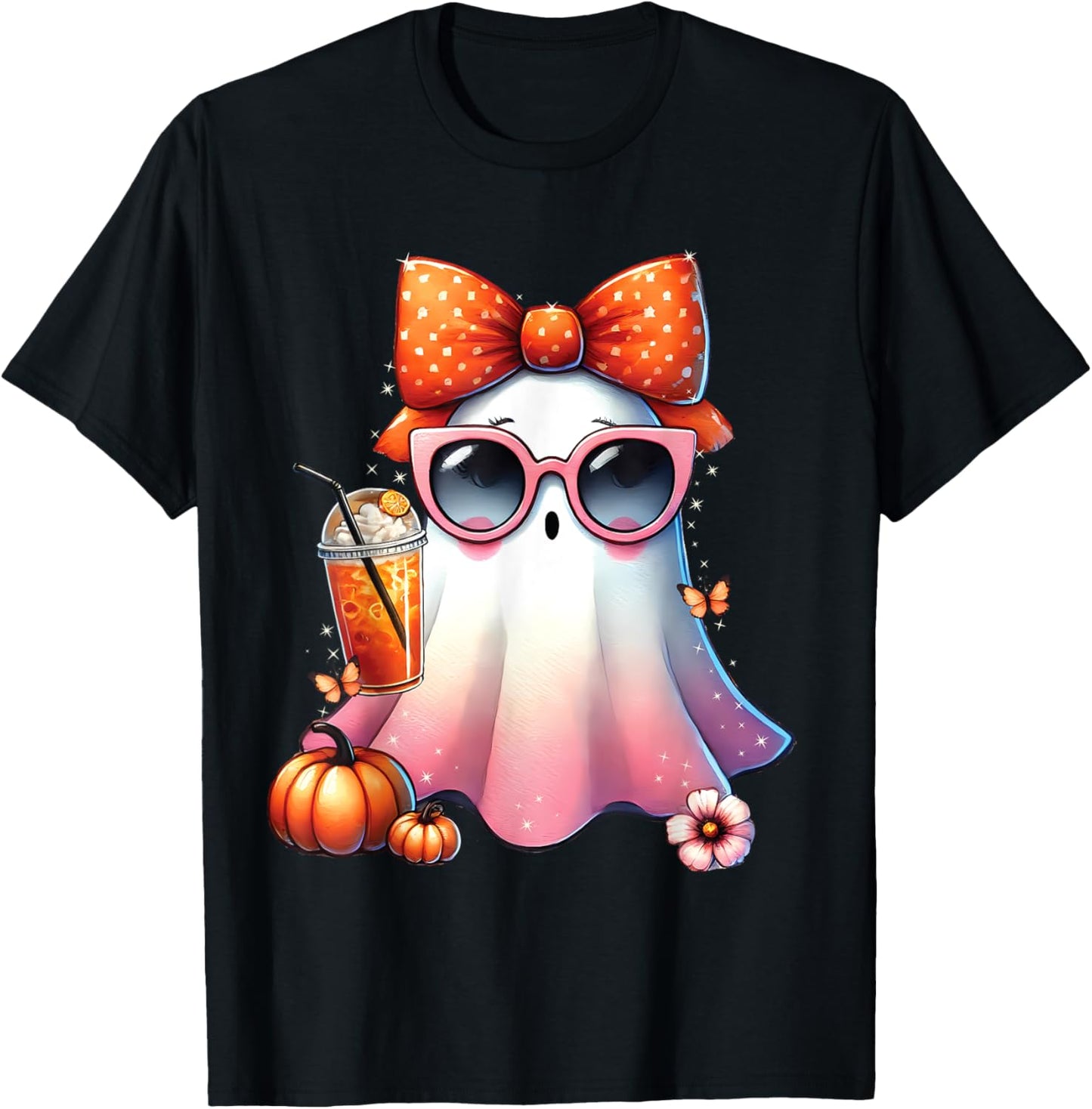Cute Ghost Drinking Coffee With Halloween Bow Women Girls T-Shirt - T-Shirt | Black