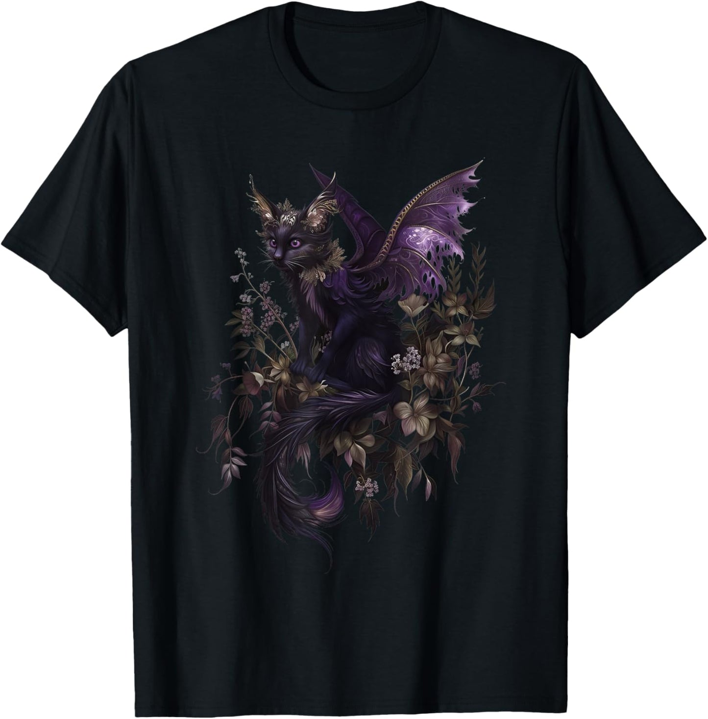 Enchanted Purple Cat Dragon Fairy Fantasy Art T-Shirt - T-Shirt | Black