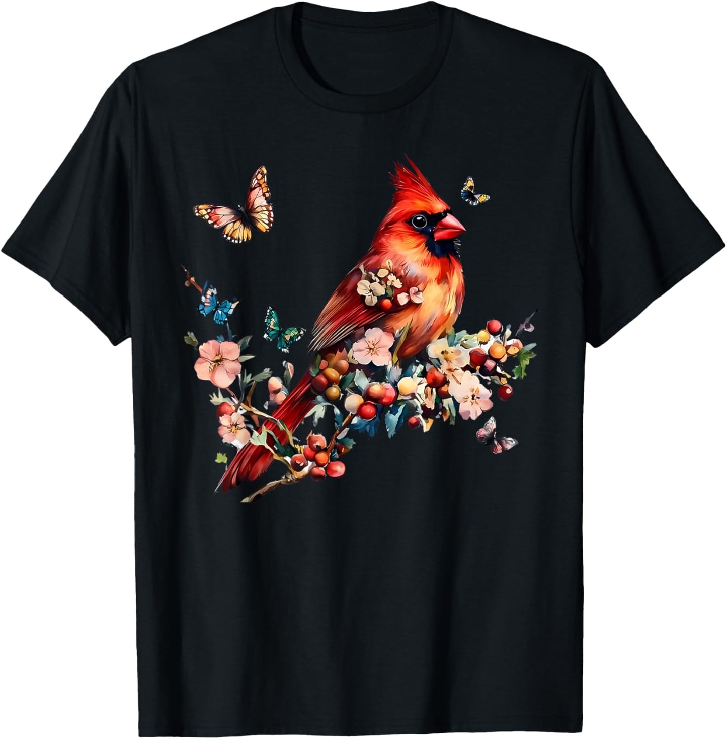 Vintage Red Cardinal Floral Butterfly Bird Animal Lovers T-Shirt - T-Shirt | Black