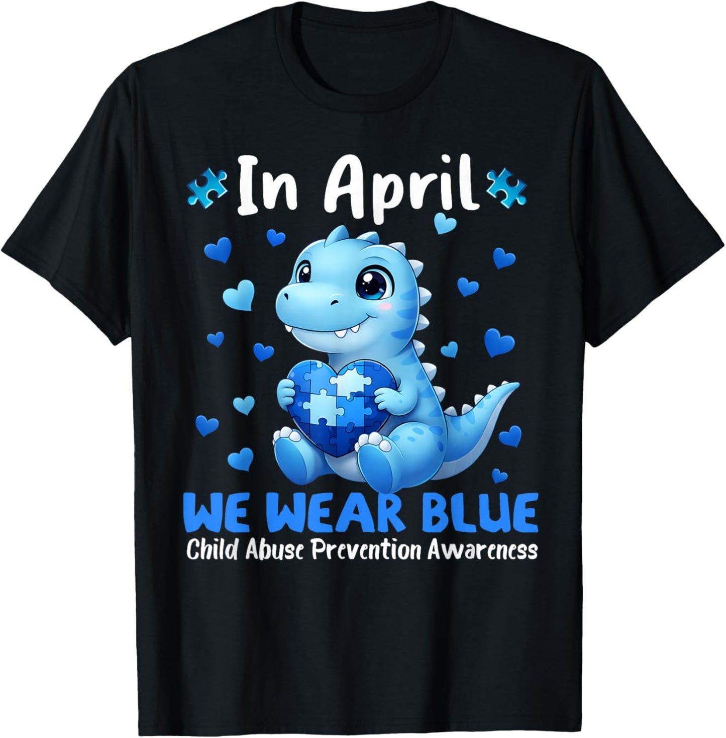 April We Wear Blue Puzzle Dinosaur Child Abuse Prevention T-Shirt - T-Shirt | Black