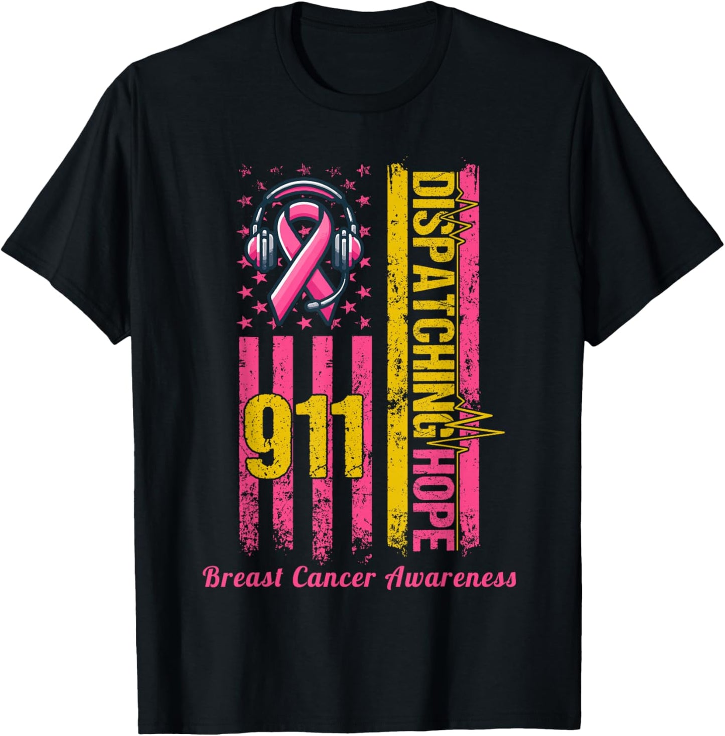 911 Dispatcher Breast Cancer Awareness American Flag T-Shirt - T-Shirt | Black