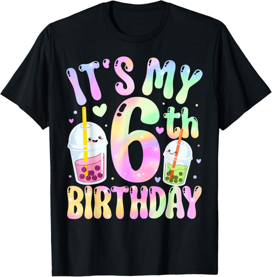 It's My 6th Birthday Bubble Boba Tea Party 6 Year Old Girl T-Shirt - T-Shirt | Black