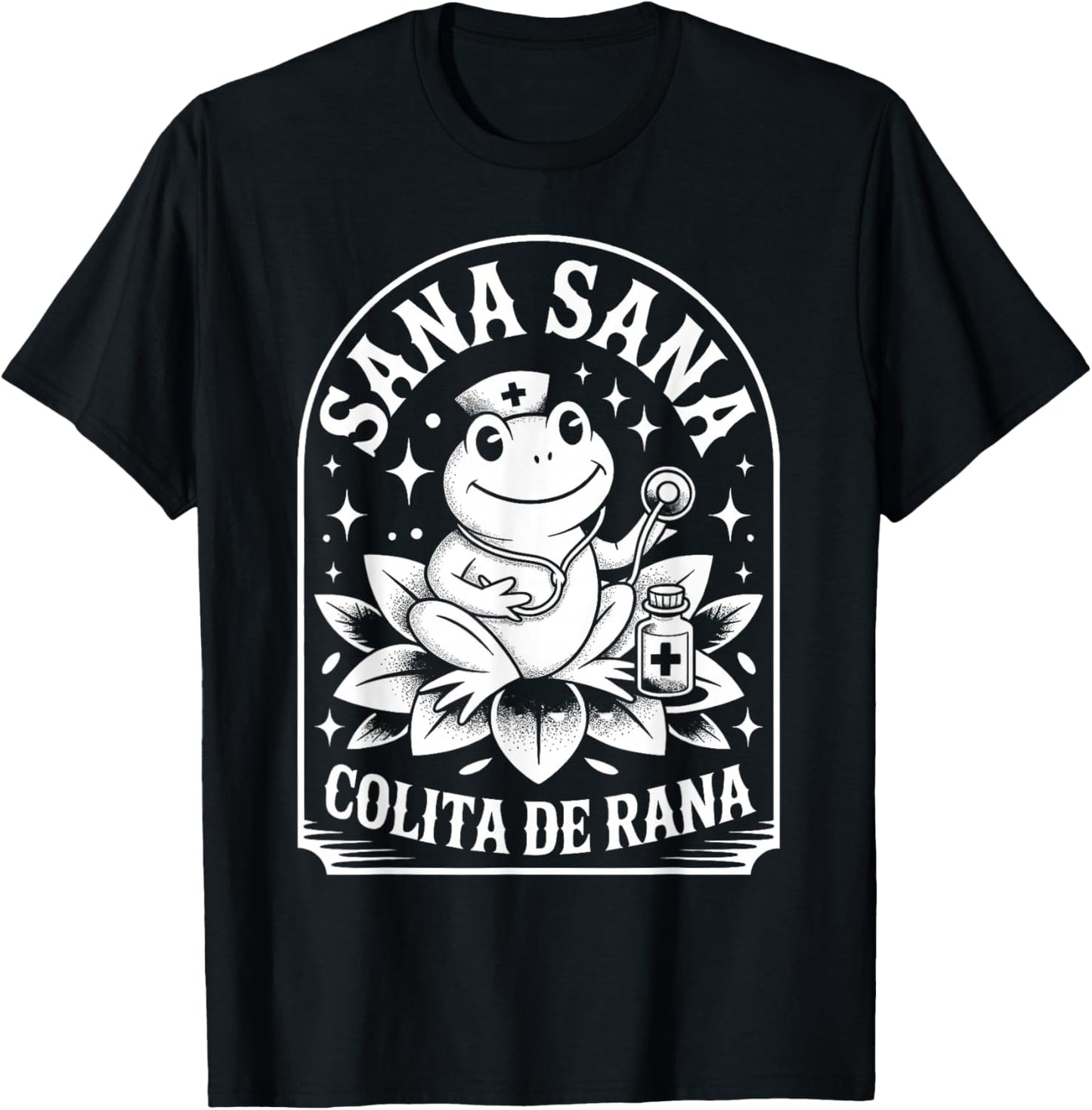 Sana Sana Colita De Rana Nurse Frog Lotus Medicine Bottle T-Shirt - T-Shirt | Black