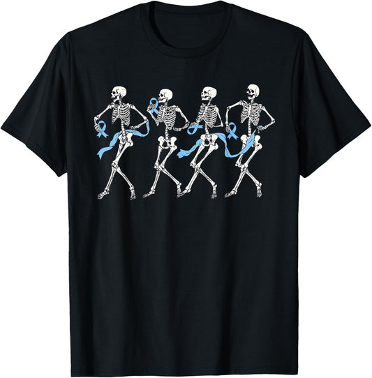 Halloween Prostate Cancer Funny Skeleton Blue Ribbon T-Shirt - T-Shirt | Black