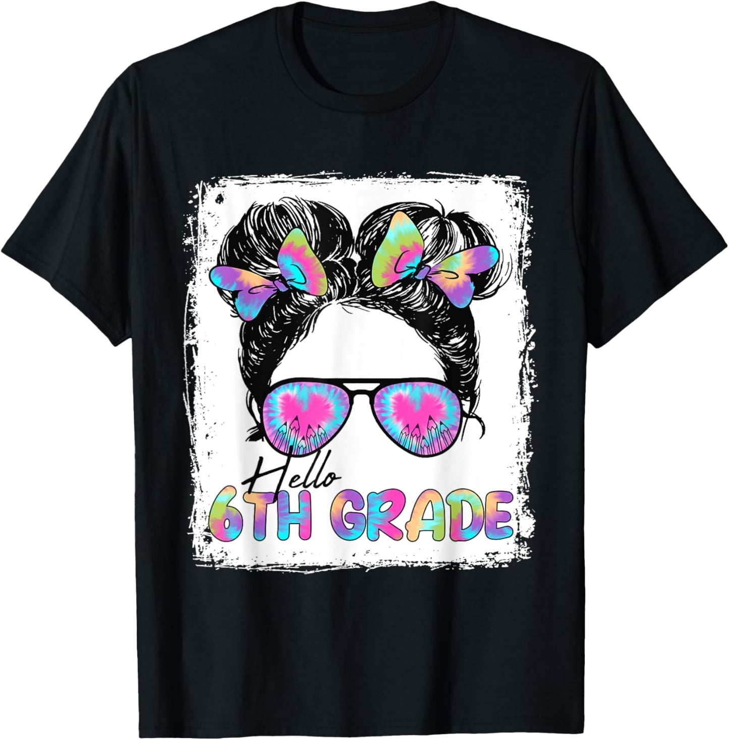 Hello 6th Grade Messy Hair Bun Girl Back To School First Day T-Shirt - T-Shirt | Black