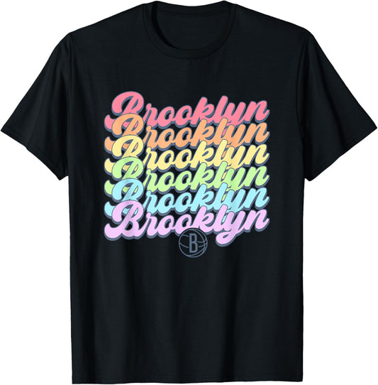 NBA Brooklyn Nets Pastel Rainbow Pride Stack T-Shirt - T-Shirt | Black