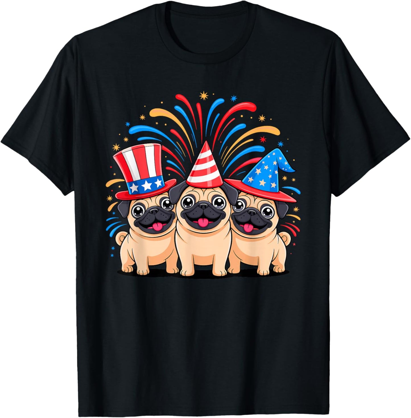 Fourth of July Three Patriotic Pug Puppies T-Shirt - T-Shirt | Black